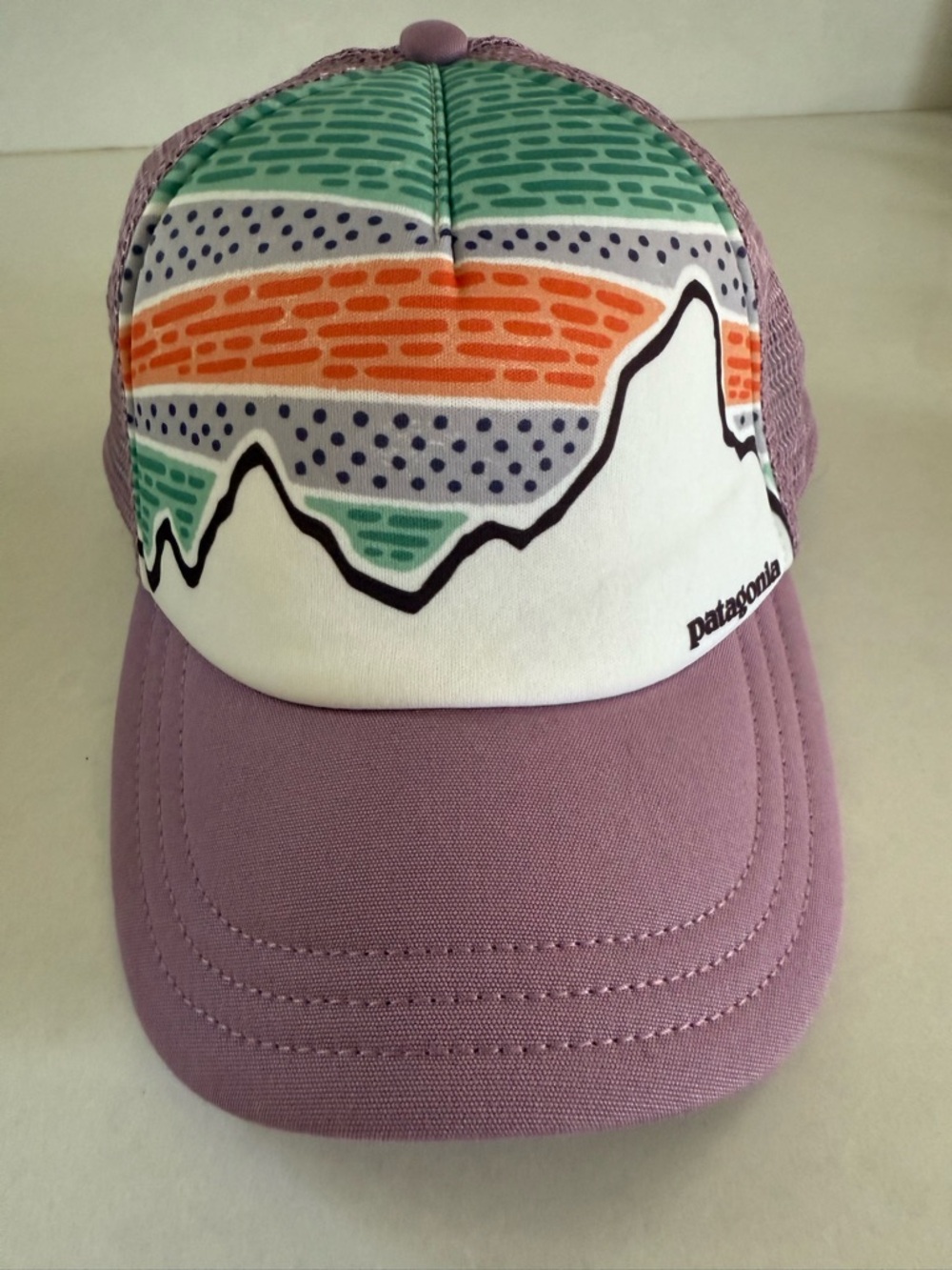 Patagonia Lavender Purple Trucker Snapback Hat with Mountain Graphic